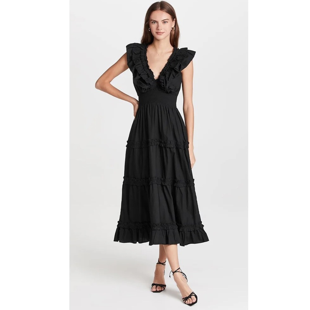 Love The Label Anthropologie V Neck Ruffle Midi Dress Medium Black